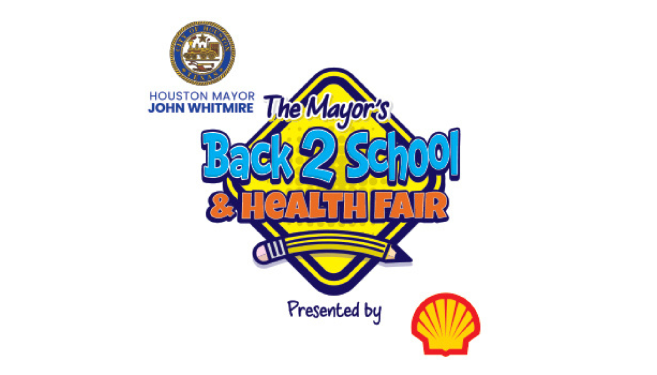 The Mayor's Back 2 School & Health Fair logo, featuring the City of Houston seal and Shell logo, promoting a community event.