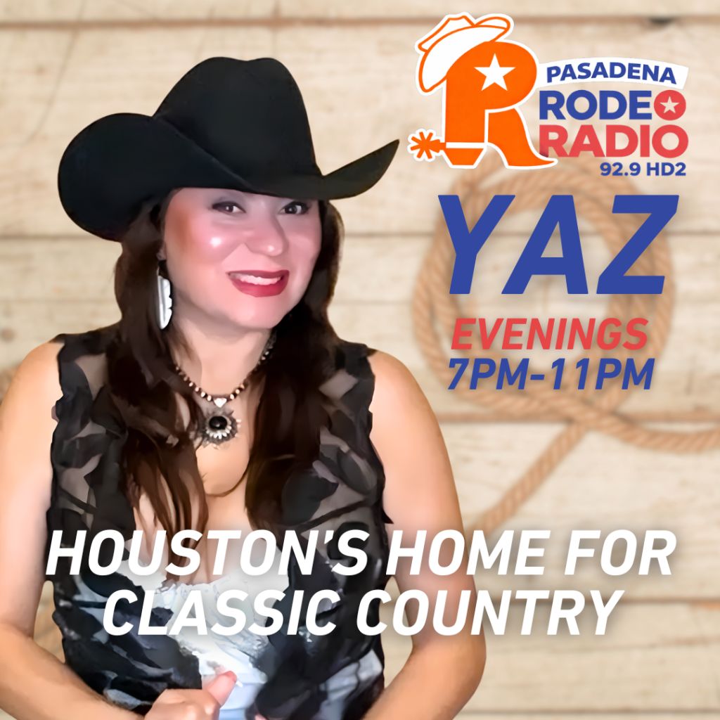 A woman wearing a black cowboy hat and a camouflage vest smiles at the camera. The text "PASADENA RODEO RADIO 92.9 HD2" and "YAZ EVENINGS 7PM-11PM" is displayed.