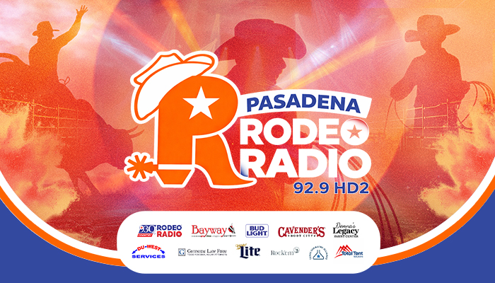Pasadena Rodeo Radio 92.9 HD2 logo with silhouettes of cowboys and rodeo imagery against a fiery orange and red background.